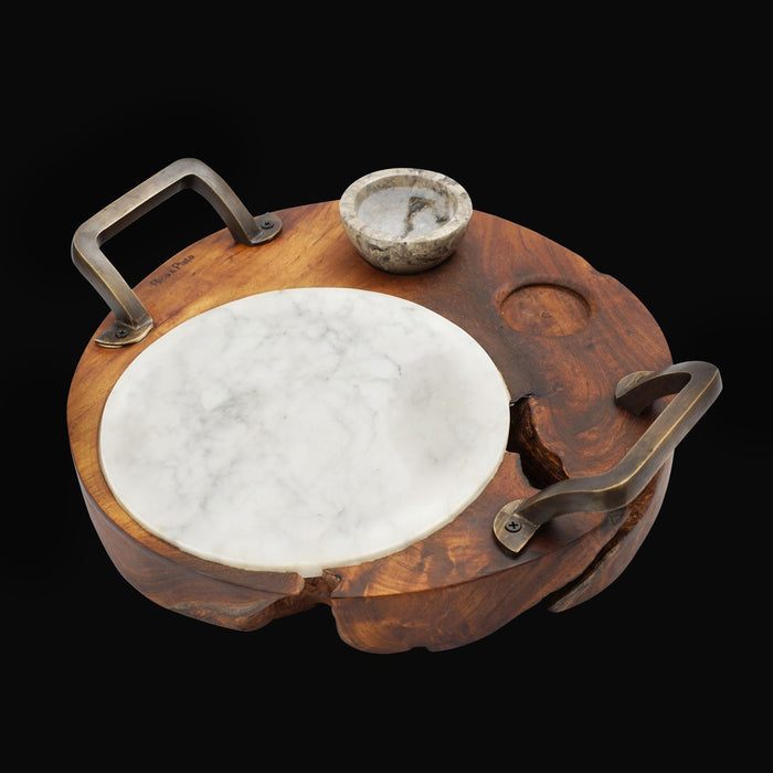 Rico & Plato mutsu teak sushi server with integrated handles and 2 marble pots displayed on a black background