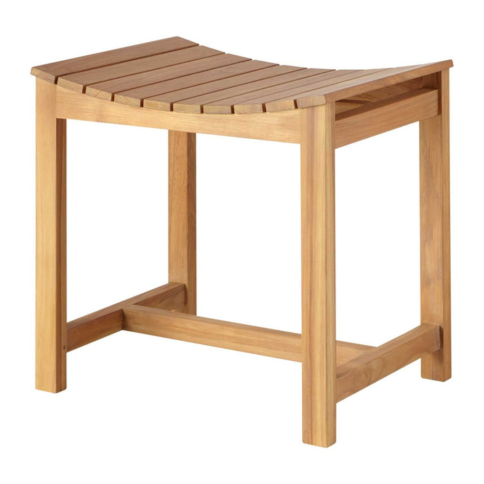 Teak shower bench displayed on a white background