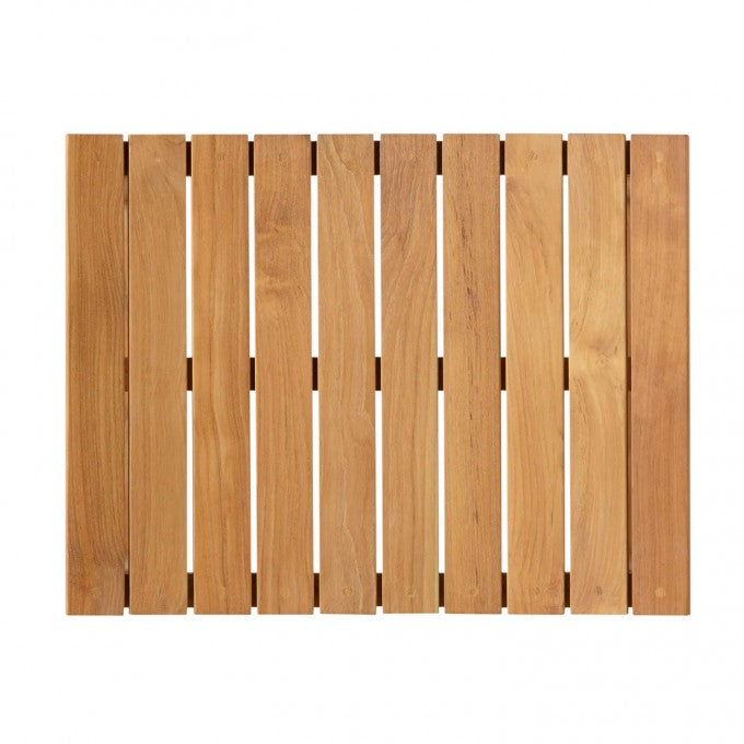 Top view of teak shower bench displayed on a white background