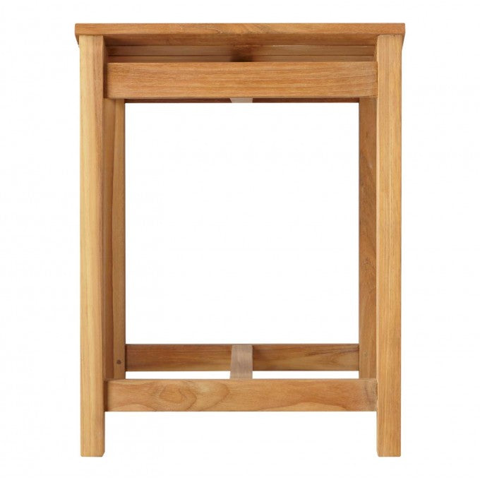 Side view of teak shower bench displayed on a white background