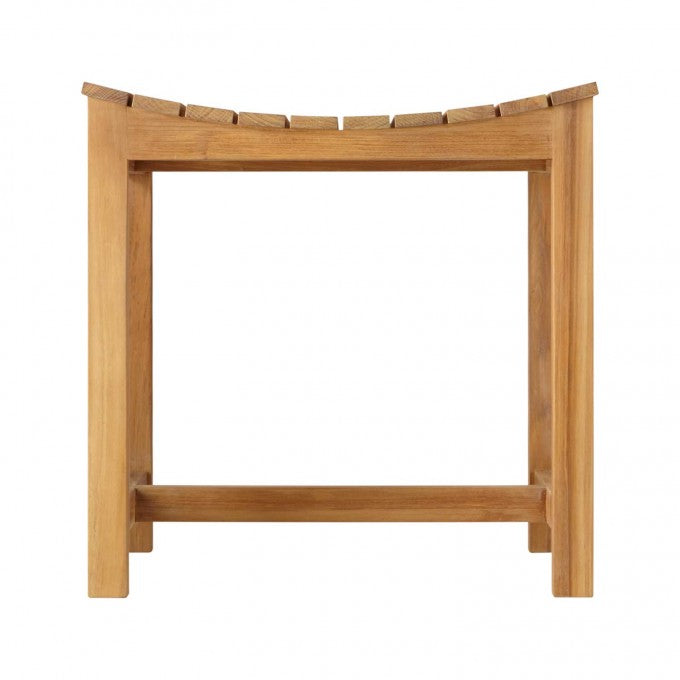 Front view of teak shower bench displayed on a white background