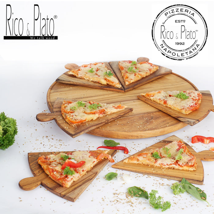 A teak wood pizza serving board with segmented slices and a slimline base, displayed with pizza slices on it on a white background