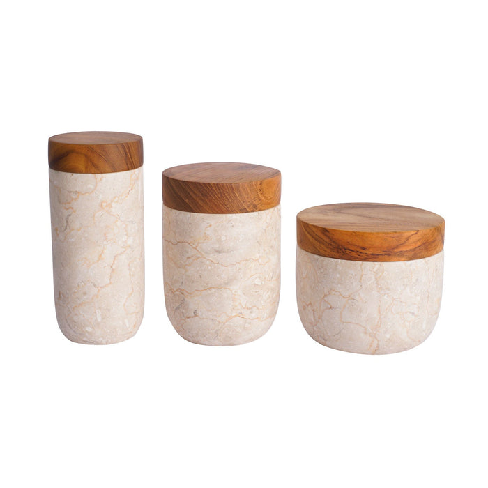 Set of 3 glossy marble pots with wooden lids of different sizes displayed in a row on a white background