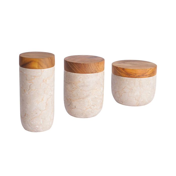 Set of 3 different sized glossy marble pots with wooden lids displayed in a row on a white background