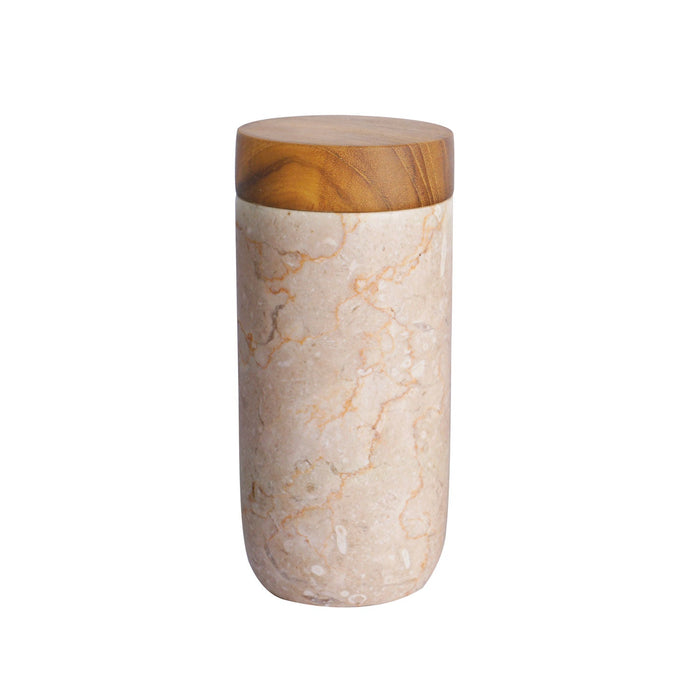 Tall glossy marble pot with wooden lid of the set of 3 displayed on a white background