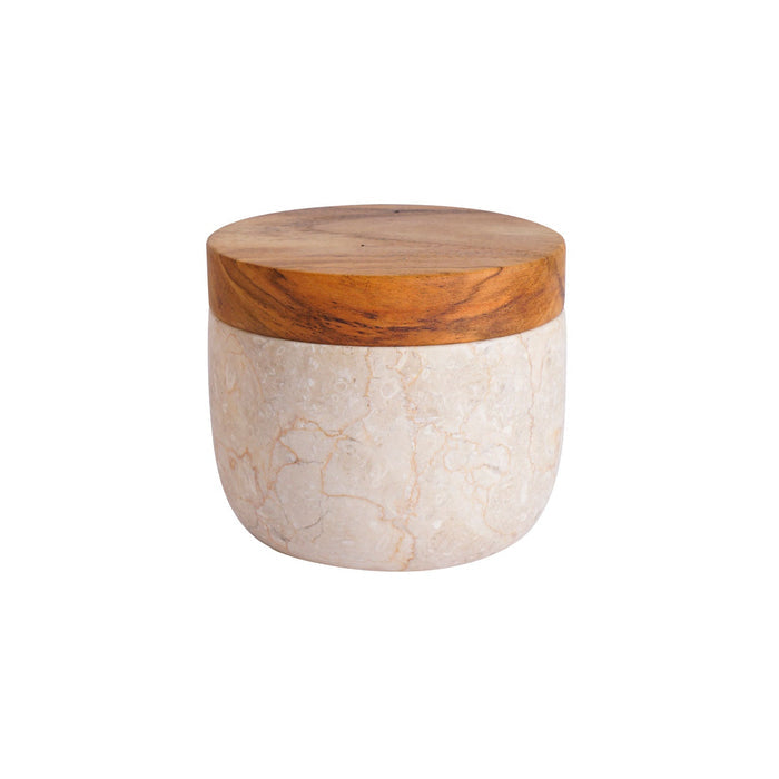 Small glossy marble pots with wooden lid of the set of 3 displayed on a white background