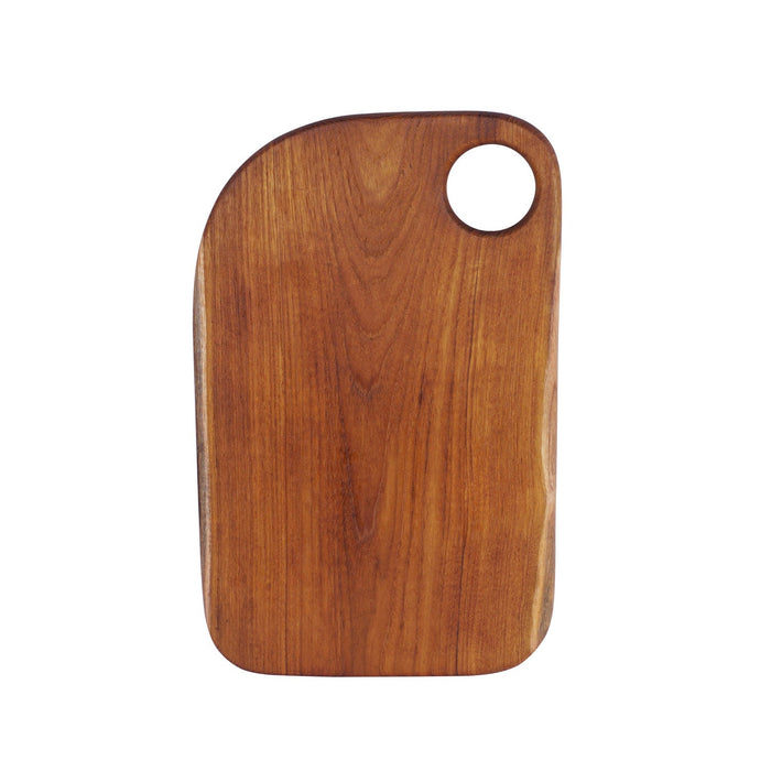 Top view of wooden cutting board with a round hole on a white background
