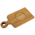 Teak coffee cup server with coffee cup indent and handle displayed on a white background