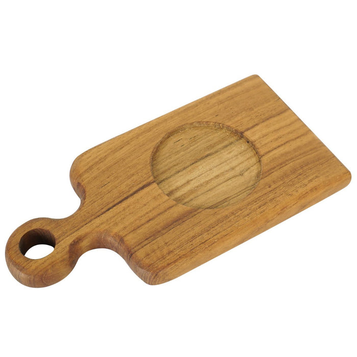 Teak coffee cup server with coffee cup indent and handle displayed on a white background