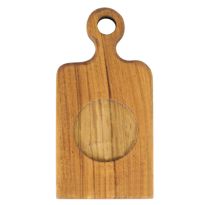 Top view of teak coffee cup server with coffee cup indent and handle displayed on a white background