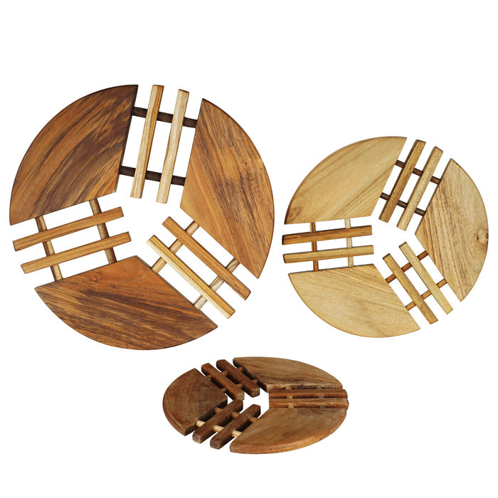 Set of 3 teak trivet with geometric patterns on a white background