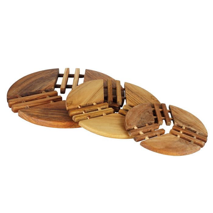 Set of 3 teak trivet stacked on each other displayed on a white background