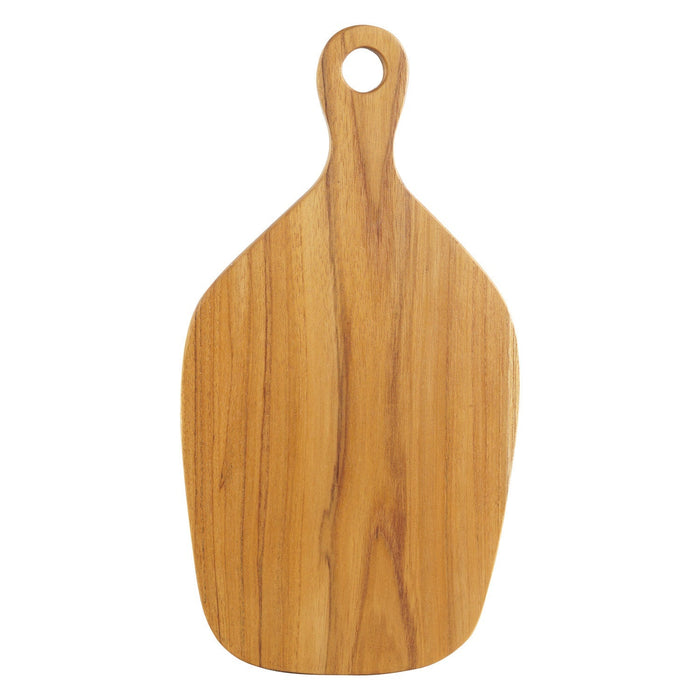 Teak cutting board with natural teak handle displayed on a white background