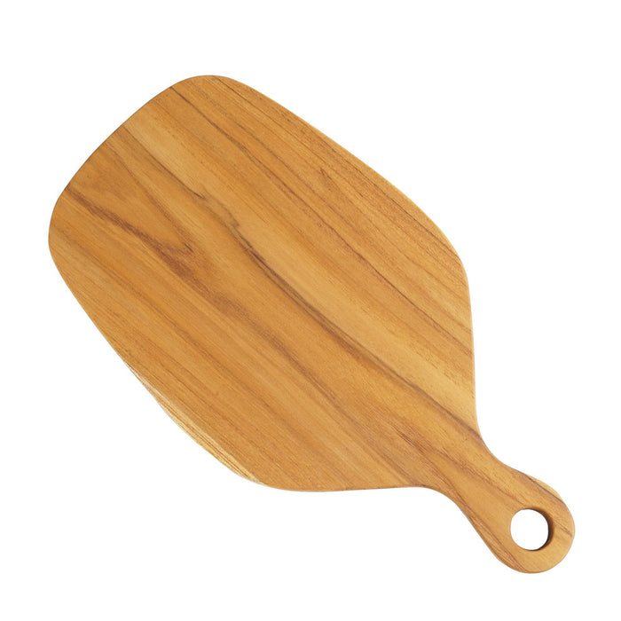 Teak cutting board with natural teak handle displayed diagonally on a white background
