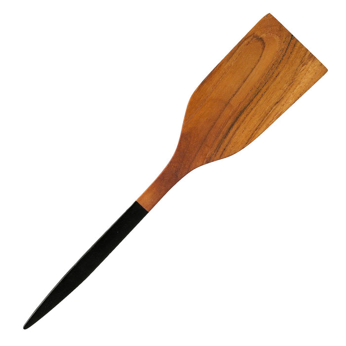 Top view of extra large teak spatula with black handle displayed on a white background