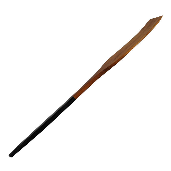 Side profile of extra large teak spatula with black handle displayed on a white background