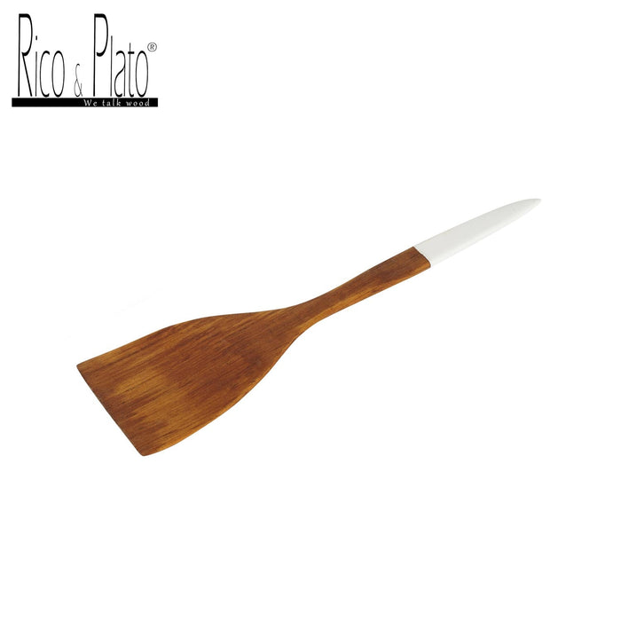 Rico & Plato resto teak spatula with white handle with Rico & Plato logo on top left corner displayed on a white background
