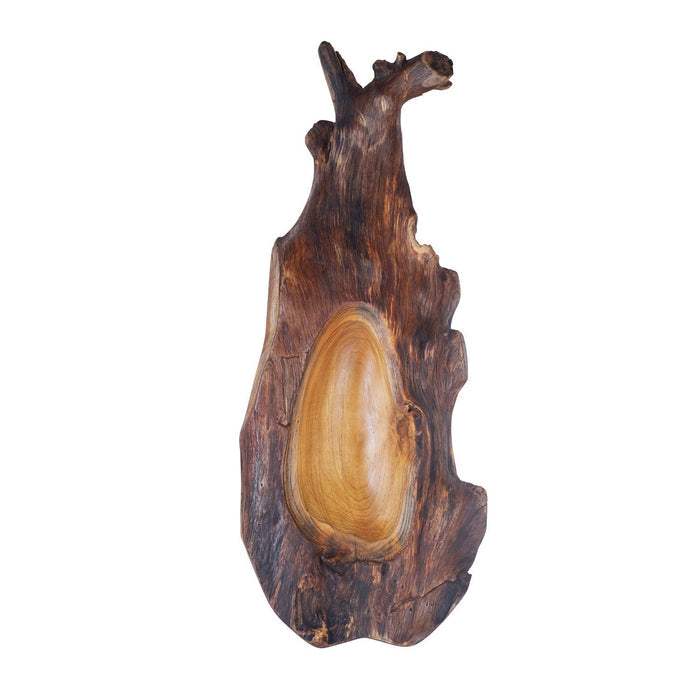 Teak bowl with natural texture displayed vertically on white background