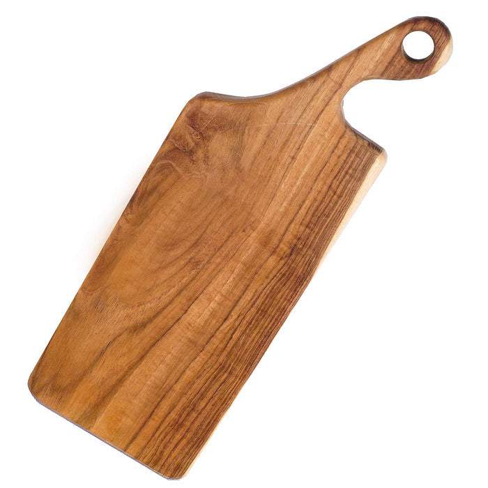 Teak cutting board with natural teak handle displayed on a white background