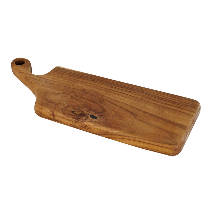 Teak cutting board with natural teak handle displayed on a white background