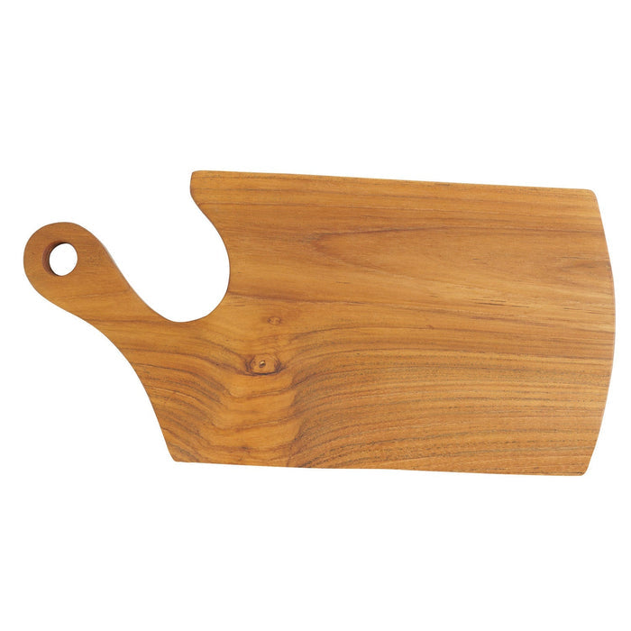 Teak cutting board with natural teak handle displayed horizontally on a white background