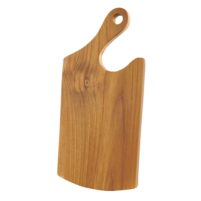 Teak cutting board with natural teak handle displayed vertically on a white background
