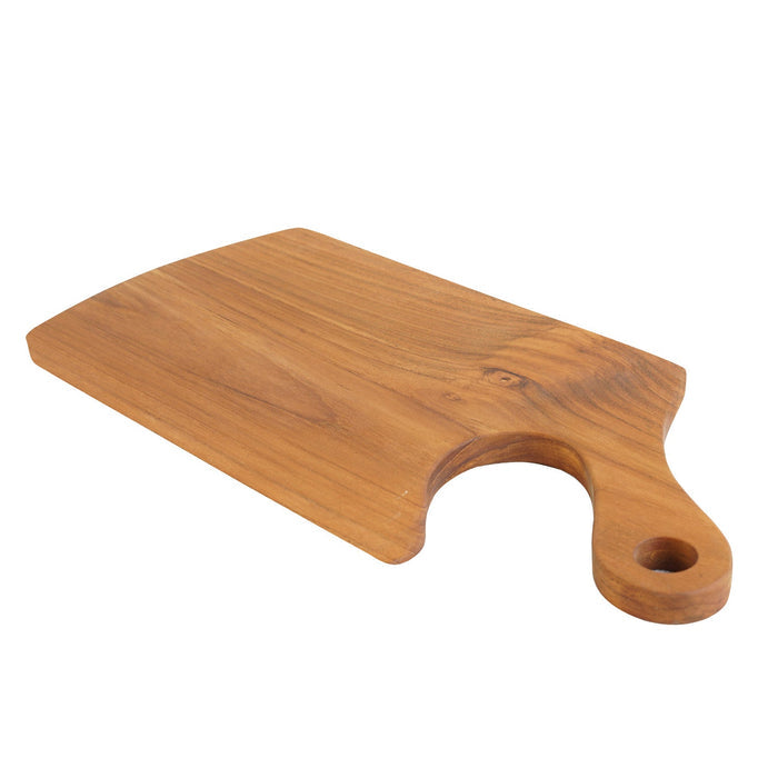 Teak cutting board with natural teak handle displayed on a white background