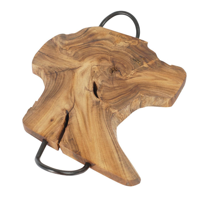 Rico & Plato sanza large teak trivet with iron handles displayed on a white background