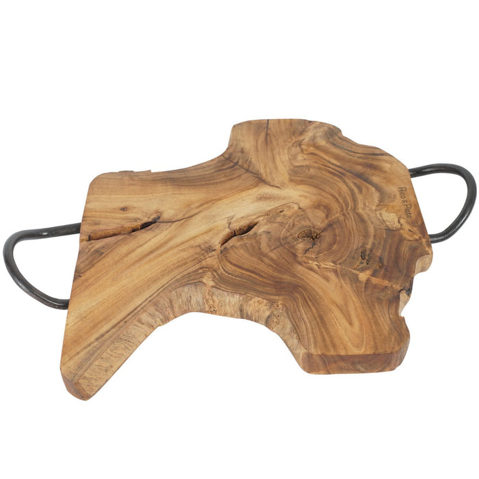 Rico & Plato sanza large teak trivet with iron handles displayed on a white background