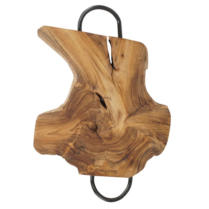 Top view of Rico & Plato sanza large teak trivet with iron handles displayed on a white background