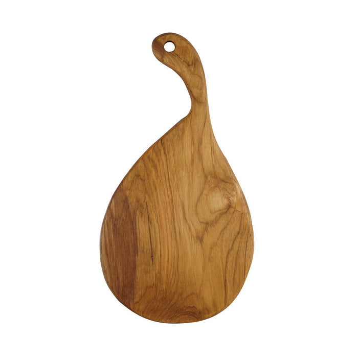 Rico & Plato savory teak cutting board serving platter displayed vertically on a white background