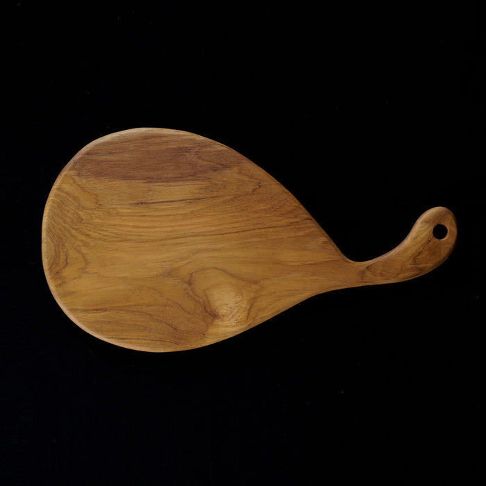 Rico & Plato savory teak cutting board serving platter displayed horizontally on a black background
