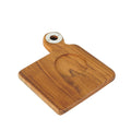 Teak coffee cup server with a coffee cup dent and handle displayed on a white background