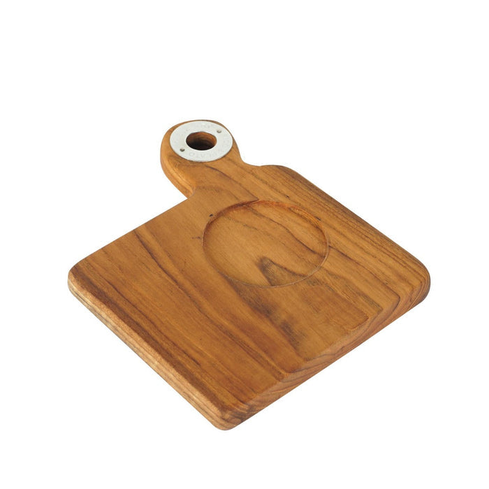 Teak coffee cup server with a coffee cup dent and handle displayed on a white background