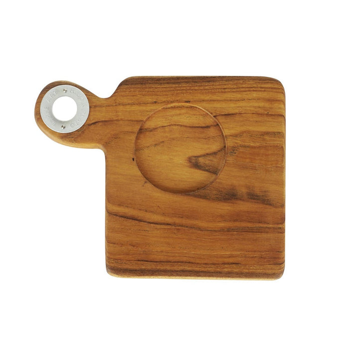Top view of teak coffee cup server with a coffee cup dent and handle displayed on a white background