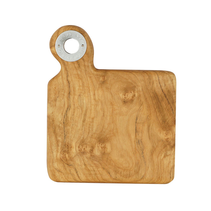 Front view of Squared shaped teak cutting board with a handle displayed on a white background