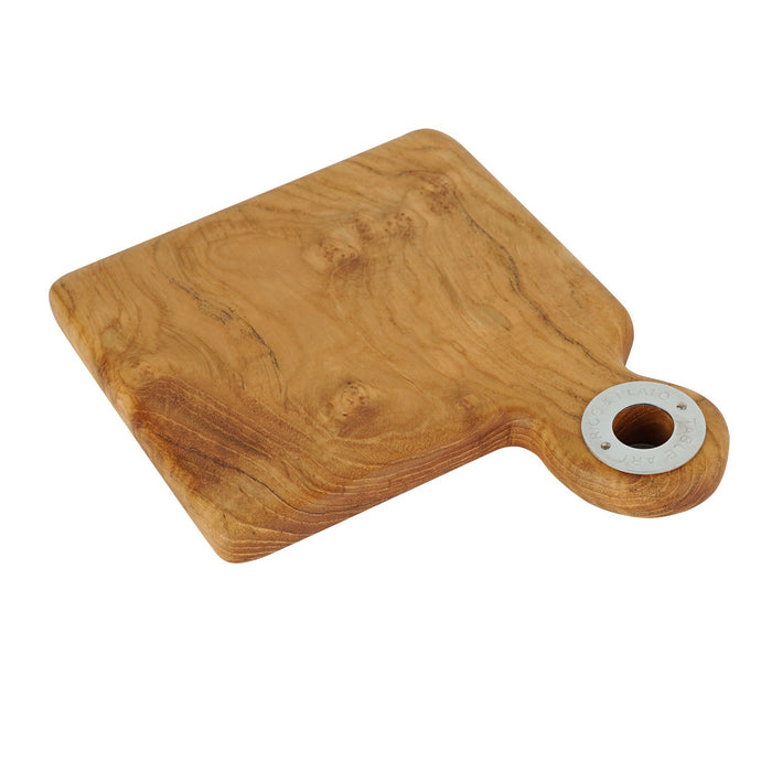 Squared shaped teak cutting board with a handle displayed on a white background