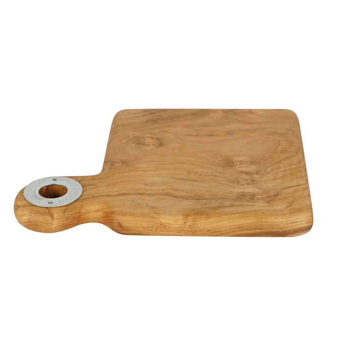 Squared shaped teak cutting board with a handle displayed on a white background