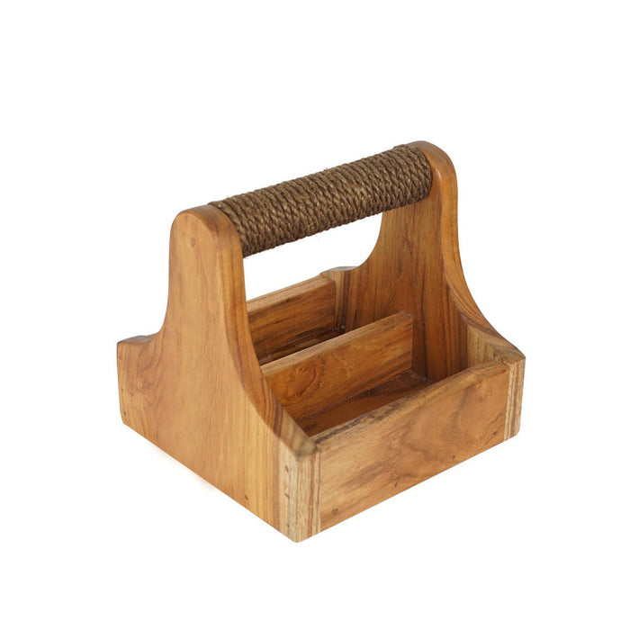 Small teak barbeque grill accessory square caddy with roped handle displayed on a white background