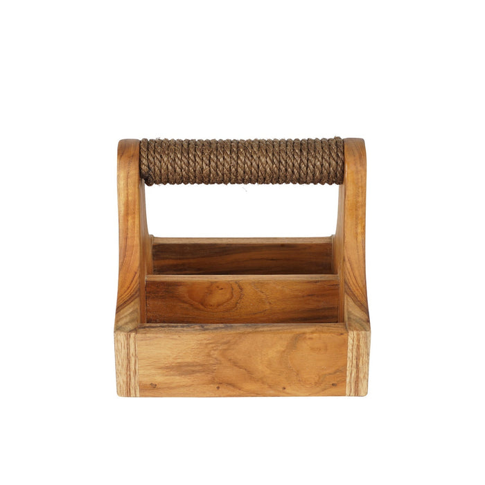 Front view of a small teak barbeque grill accessory square caddy with a roped handle displayed on a white background