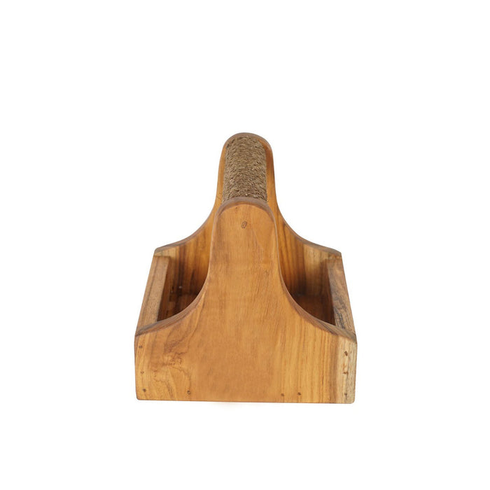 Side view of small teak barbeque grill accessory square caddy with roped handle displayed on a white background