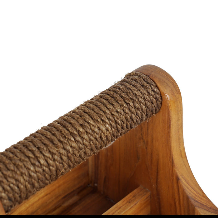 Close up of roped handle of small teak wood barbeque grill accessory square caddy displayed on a white background