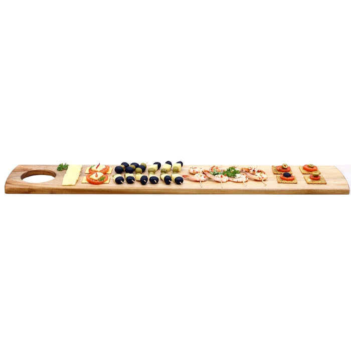 Rico & Plato teak serving board with charcuterie material displayed on a white background