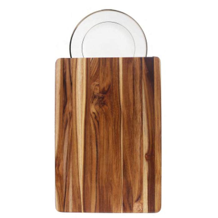 Wooden cutting board with a glass plate on a white background