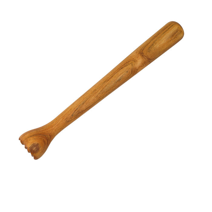 Teak cocktail tamper displayed diagonally on a white background