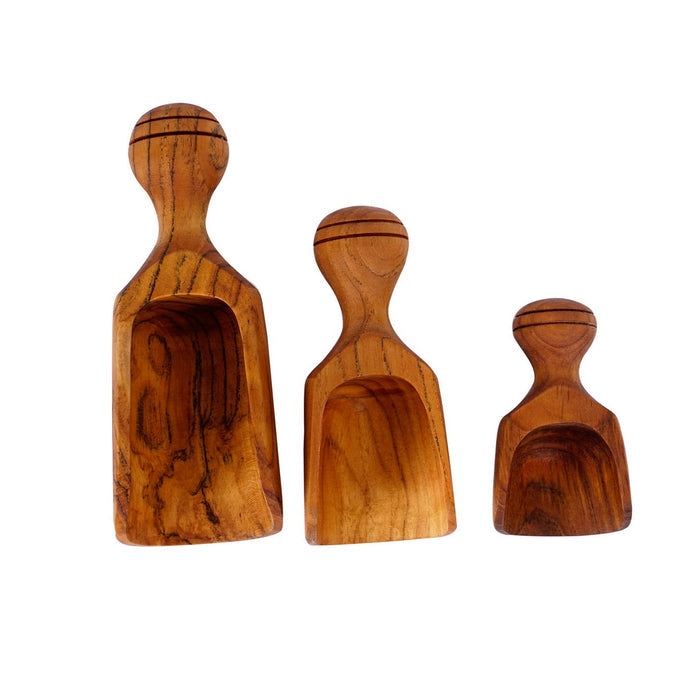 Set of 3 teak lentil scoop with small handles displayed vertically on a white background