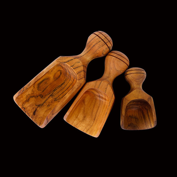 Set of 3 teak lentil scoop with short handles displayed on a black background