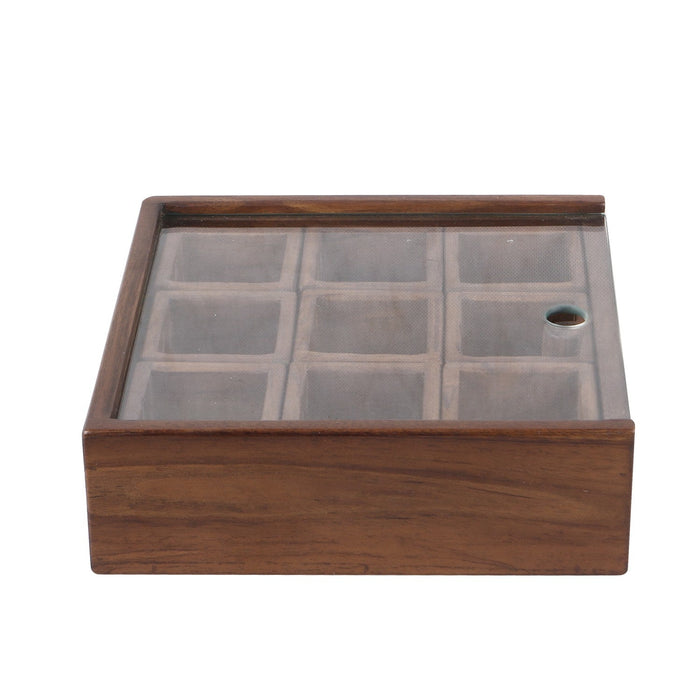 Rico & Plato teak spice box with clear sliding lid on top displayed on a white background