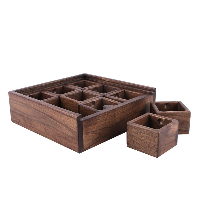 Rico & Plato teak spice box with two small boxes on the side displayed on a white background
