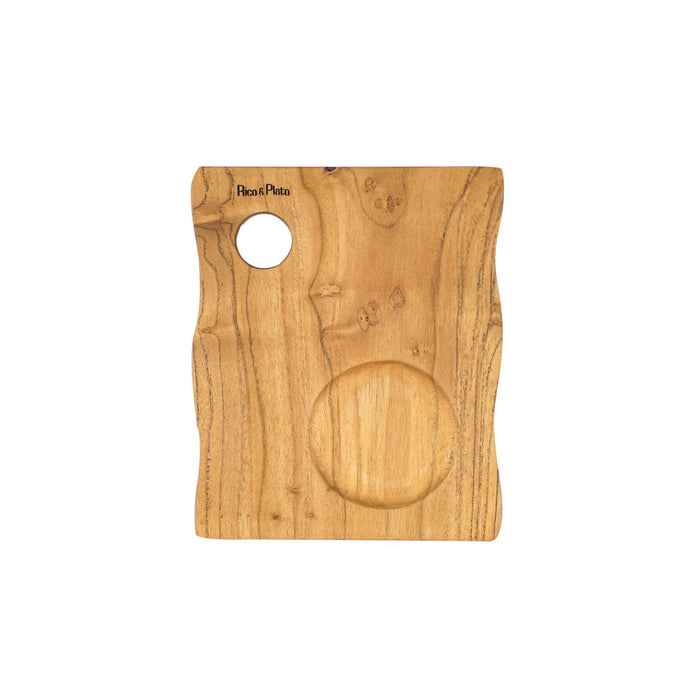 Top view of teak coffee cup server with a Rico & Plato logo displayed on a white background